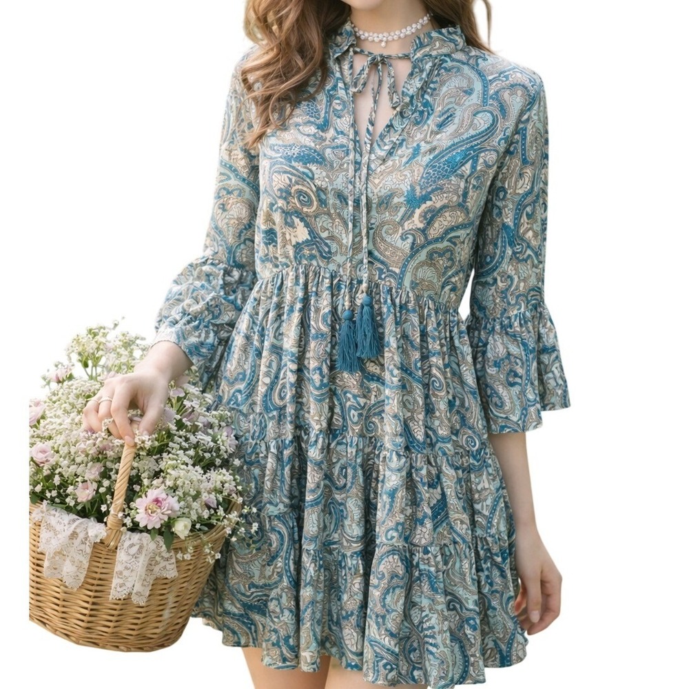 Paani Teal Paisley Tiered Babydoll Dress Flowy Vneck Tassle High‎ Waisted Flowy